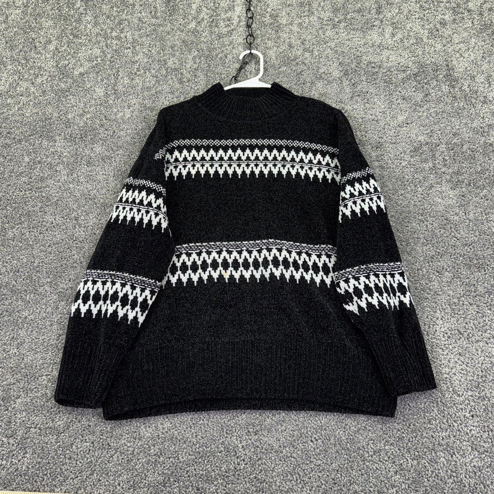 Christian Siriano Sweater Womens XL Black Mock Neck Fair Isle Knit Casual Winter